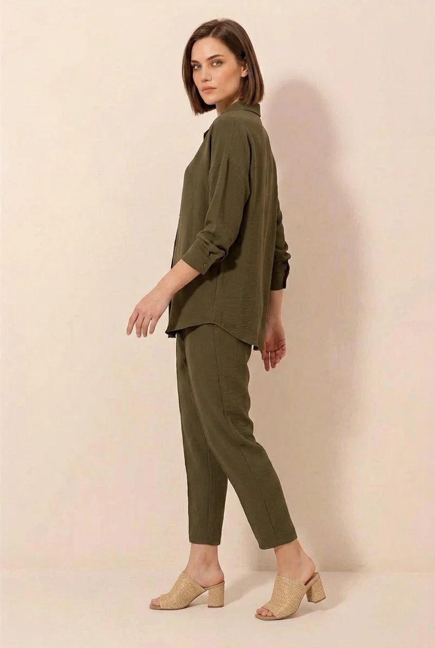 Kadın Gömlek Yaka Oversize Kesim Haki İkili Takım