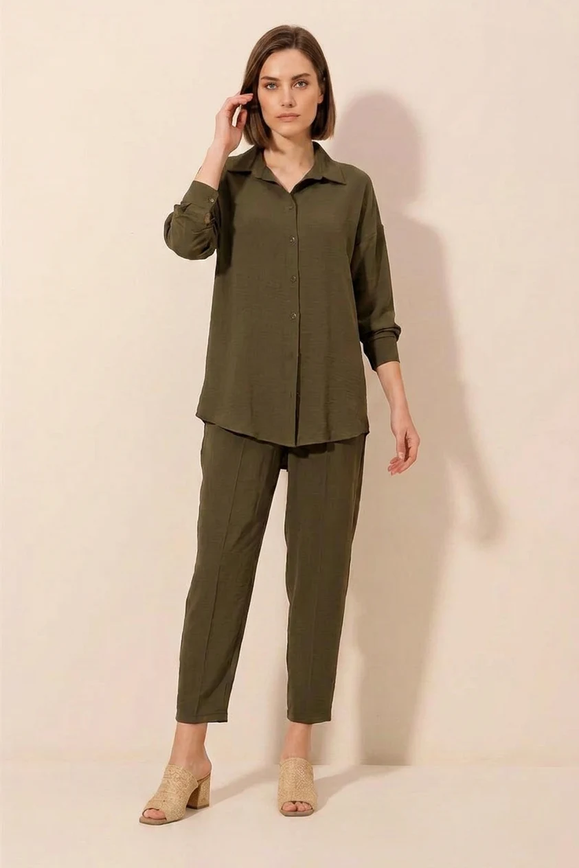 Kadın Gömlek Yaka Oversize Kesim Haki İkili Takım