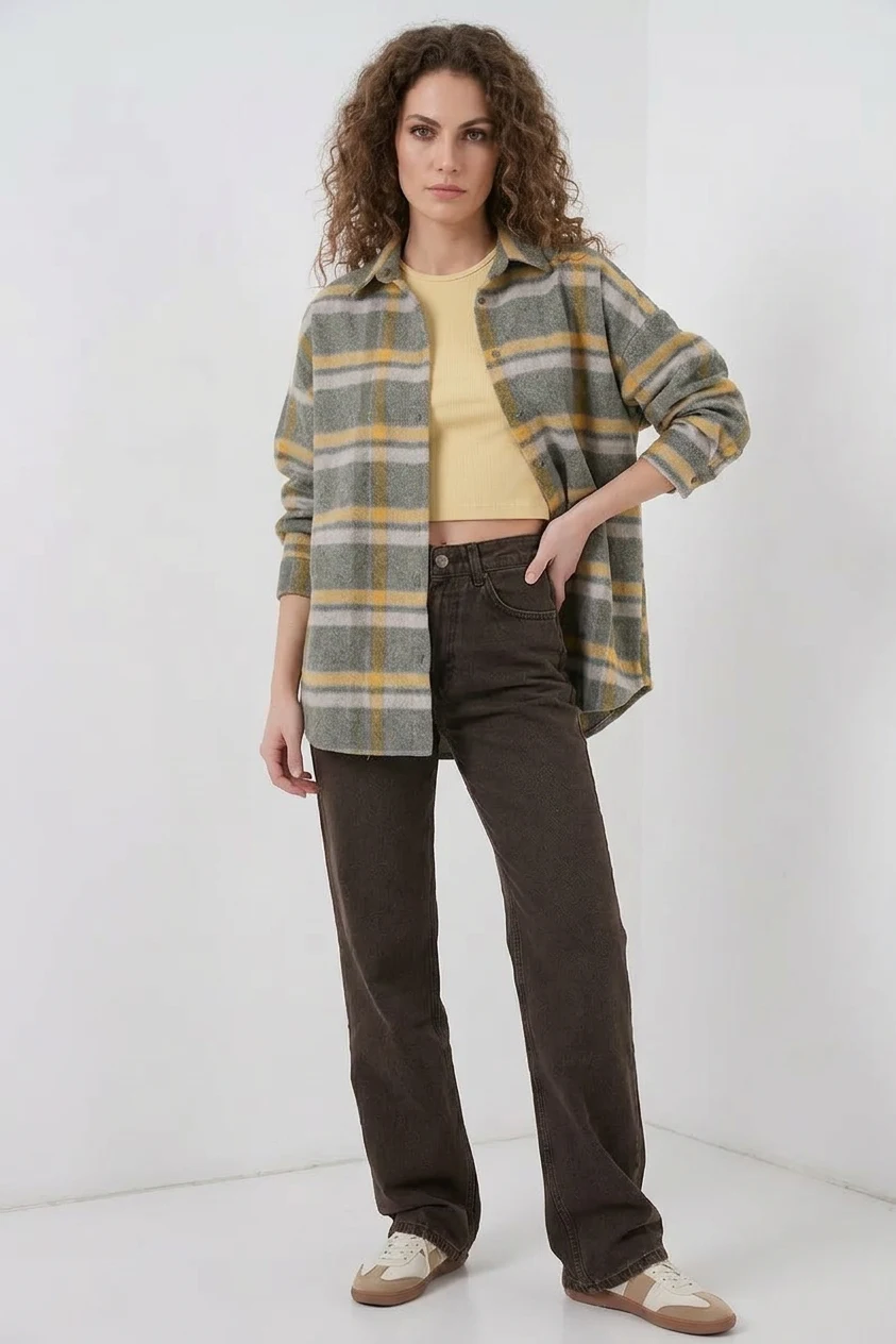 Kadın Oversize Ekose Desenli Pamuklu E.Yeşil Gömlek