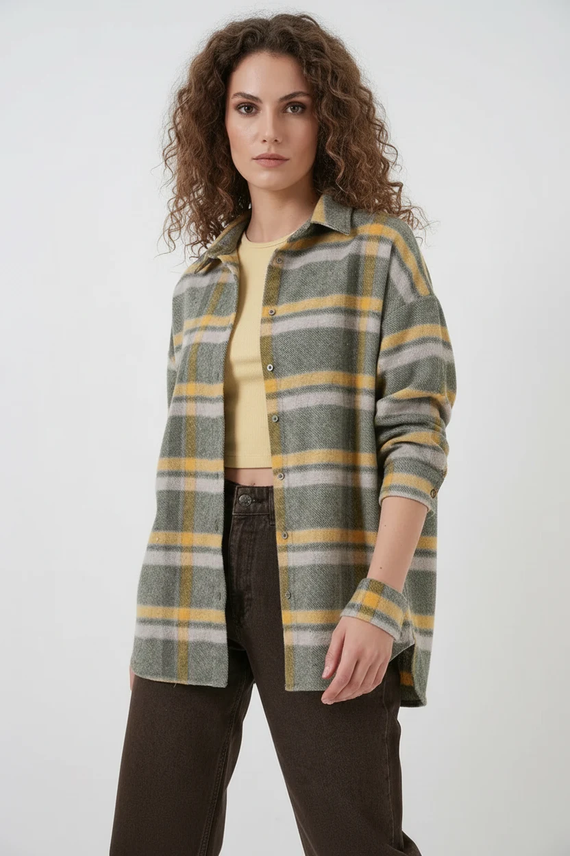 Kadın Oversize Ekose Desenli Pamuklu E.Yeşil Gömlek