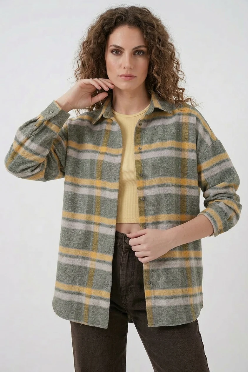 Kadın Oversize Ekose Desenli Pamuklu E.Yeşil Gömlek