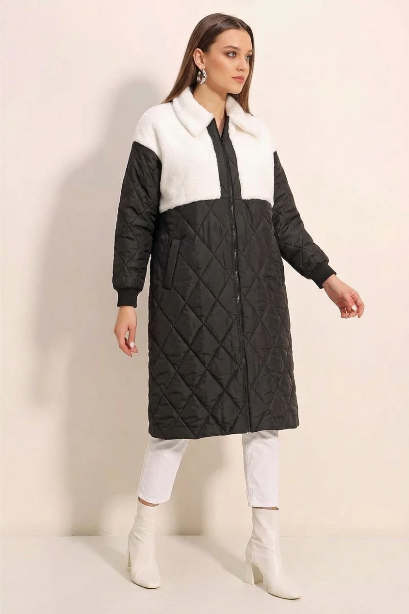 Kadın Gömlek Yaka Peluş Detaylı Oversize Kapitone Desenli Beyaz Mont