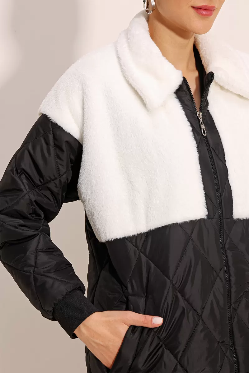 Kadın Gömlek Yaka Peluş Detaylı Oversize Kapitone Desenli Beyaz Mont