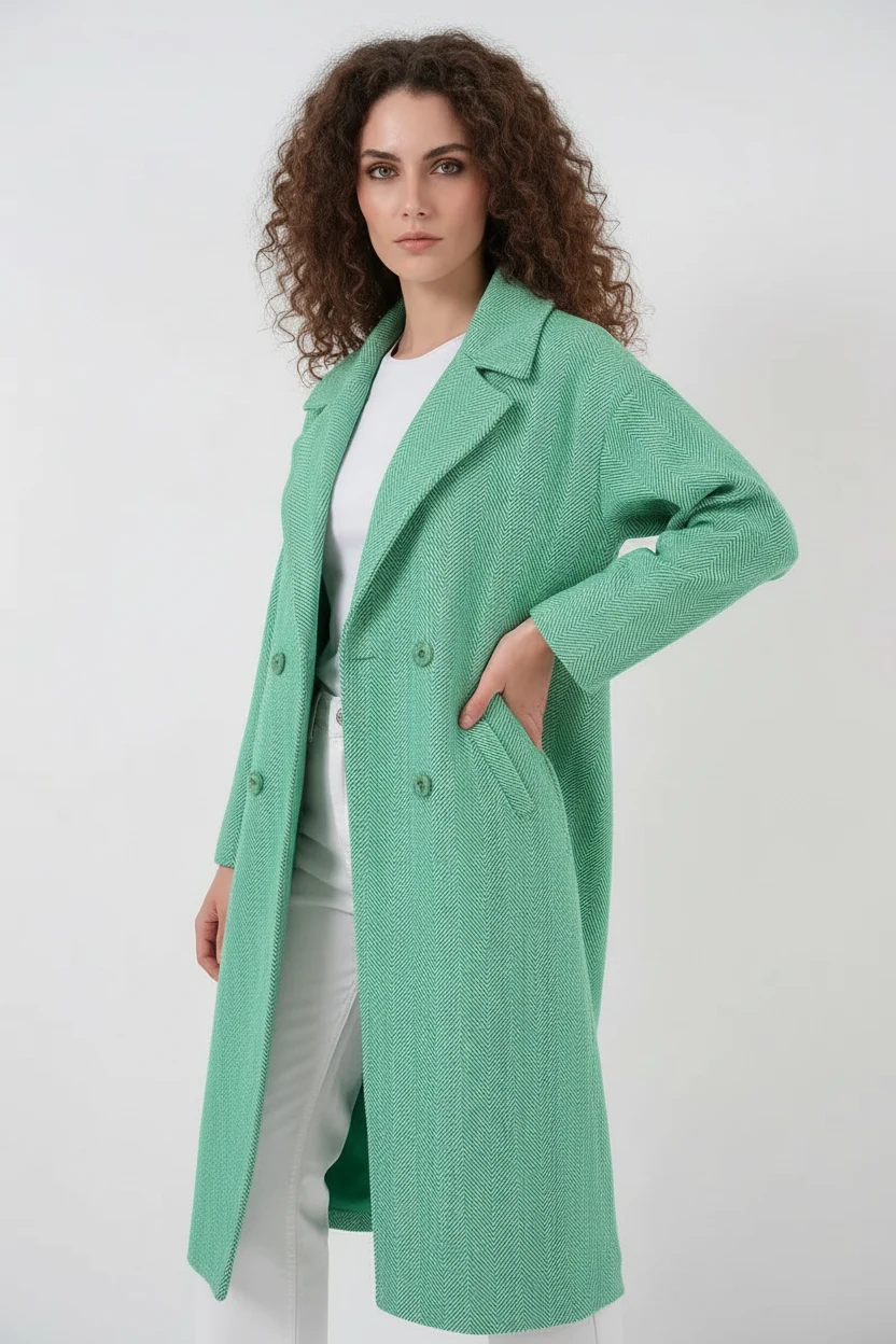 Kadın Geniş Yaka Oversize Balıksırtı Desenli Kaşe Yeşil Kaban