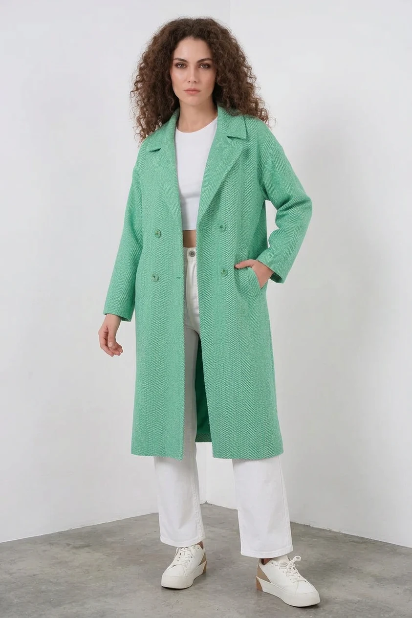 Kadın Geniş Yaka Oversize Balıksırtı Desenli Kaşe Yeşil Kaban