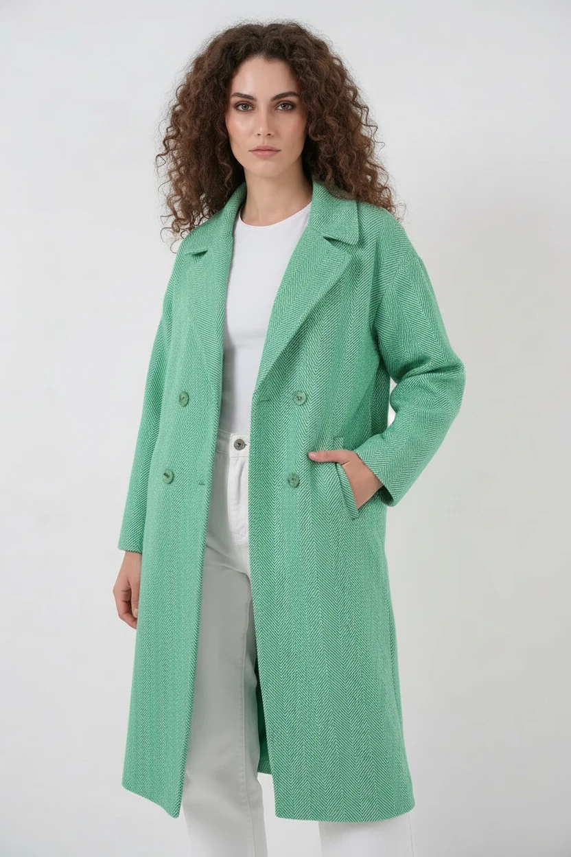 Kadın Geniş Yaka Oversize Balıksırtı Desenli Kaşe Yeşil Kaban
