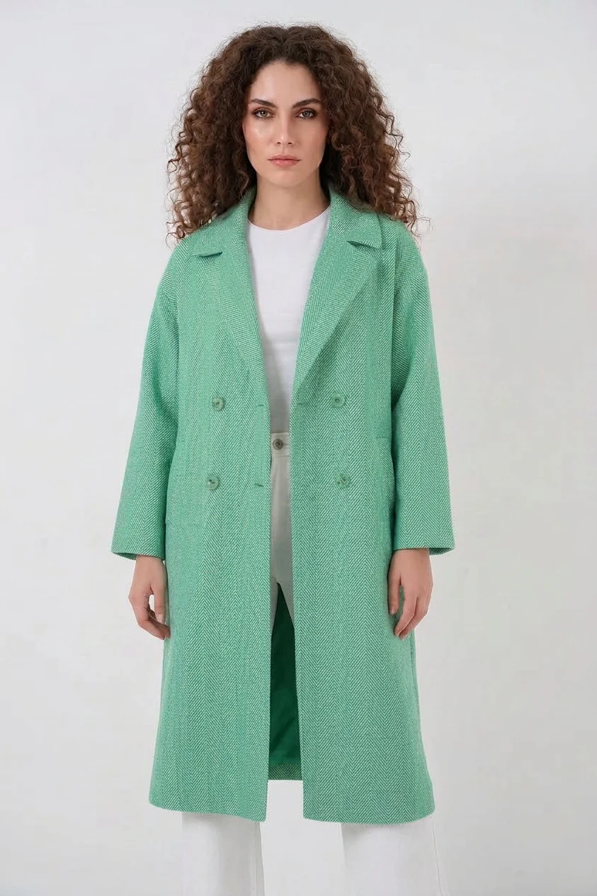 Kadın Geniş Yaka Oversize Balıksırtı Desenli Kaşe Yeşil Kaban