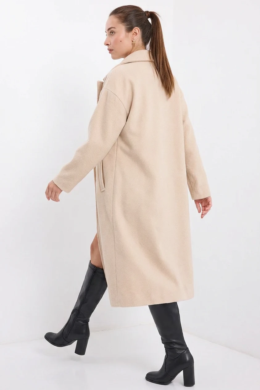 Kadın Yaka Oversize Geniş Kesim Kaşe Krem Kaban