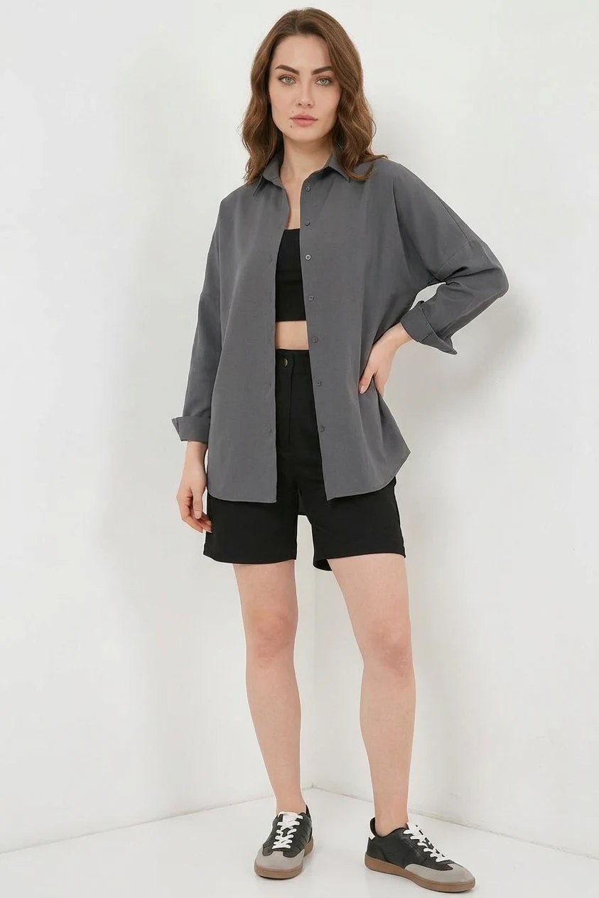 Kadın Oversize Kesim Basic Pamuklu Gri Gömlek