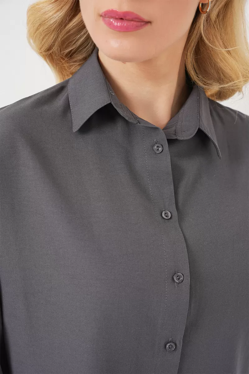 Kadın Oversize Kesim Basic Pamuklu Gri Gömlek