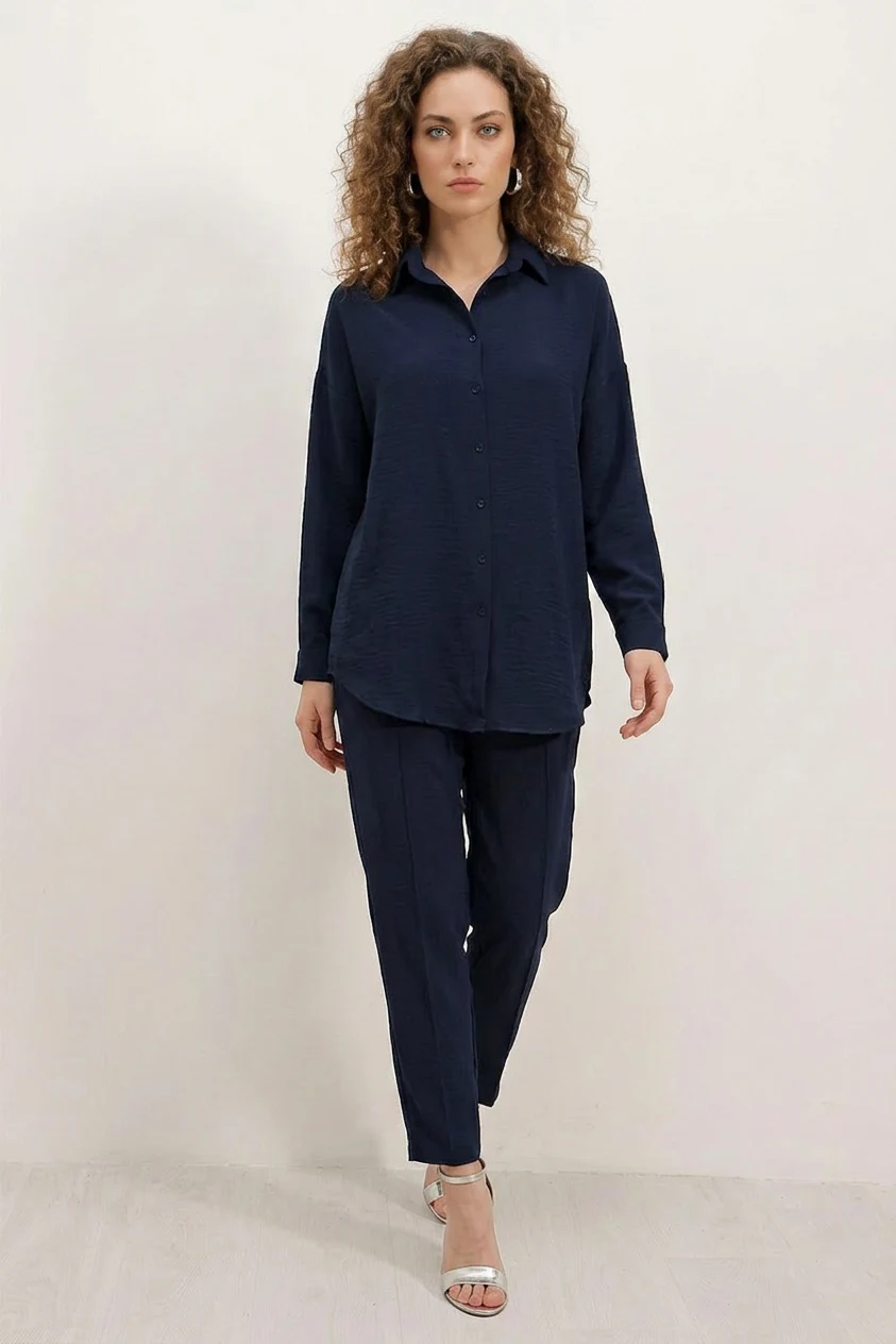 Kadın Gömlek Yaka Oversize Lacivert İkili Takım