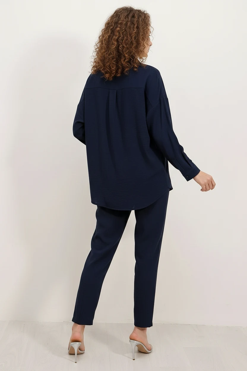 Kadın Gömlek Yaka Oversize Lacivert İkili Takım