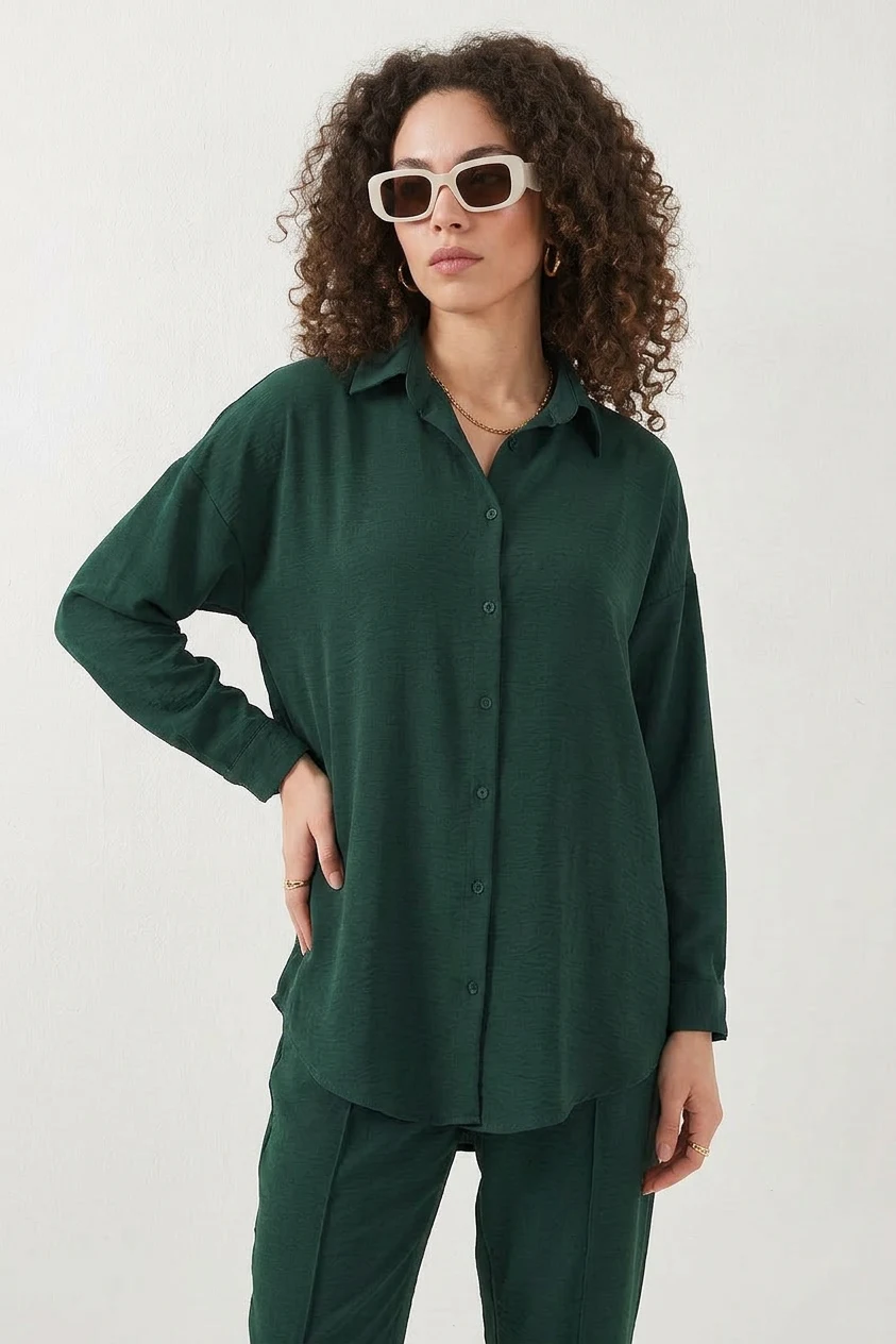 Kadın Gömlek Yaka Oversize Zümrüt Yeşili İkili Takım