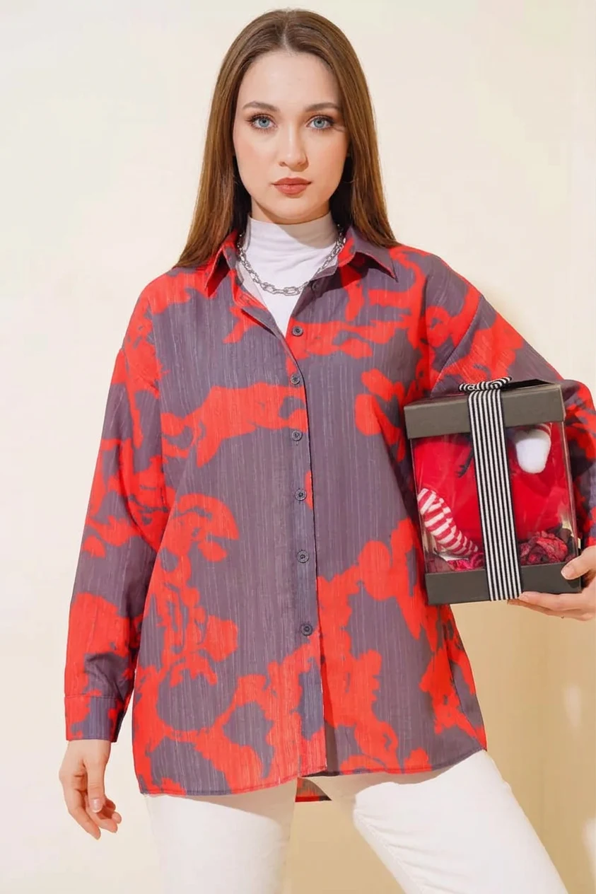 Kadın Basic Oversize Desenli Viskon Kırmızı Gömlek