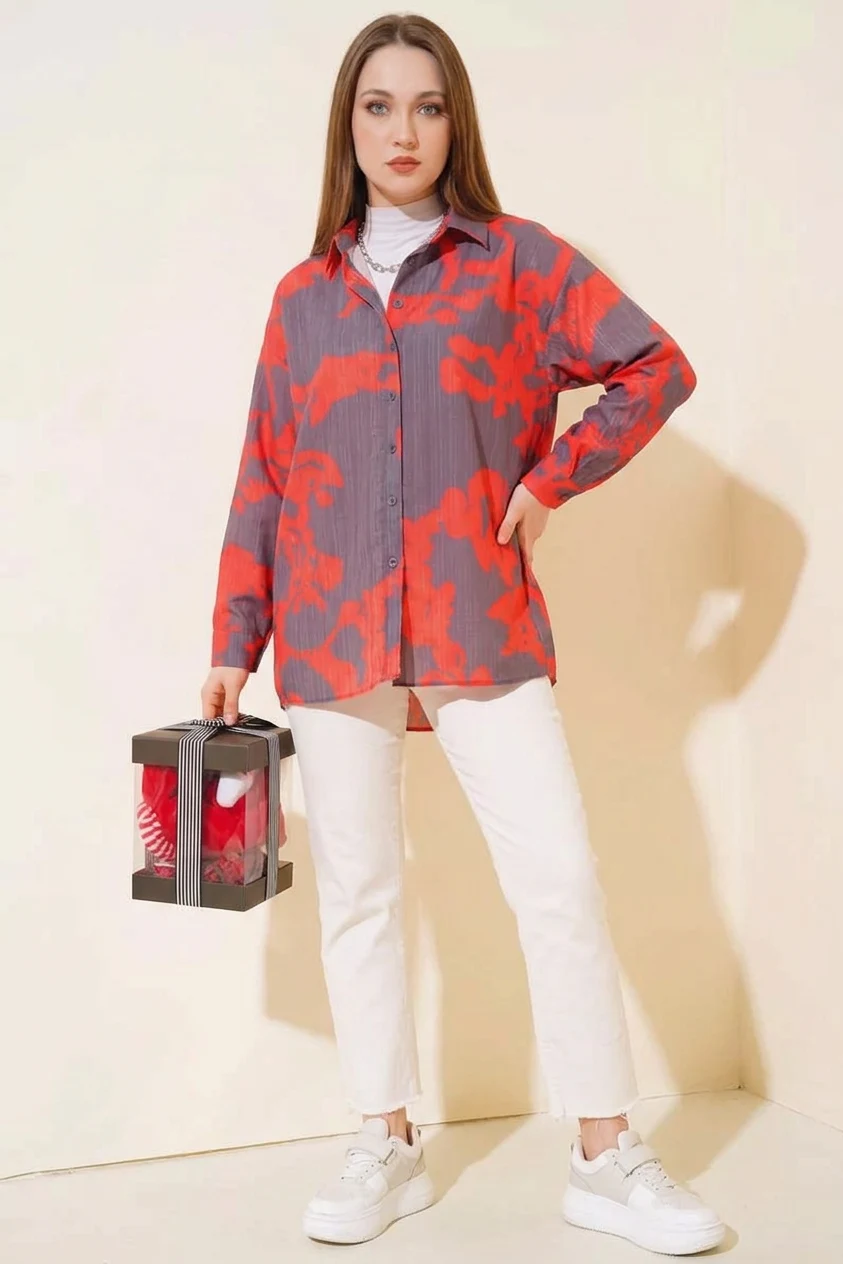 Kadın Basic Oversize Desenli Viskon Kırmızı Gömlek