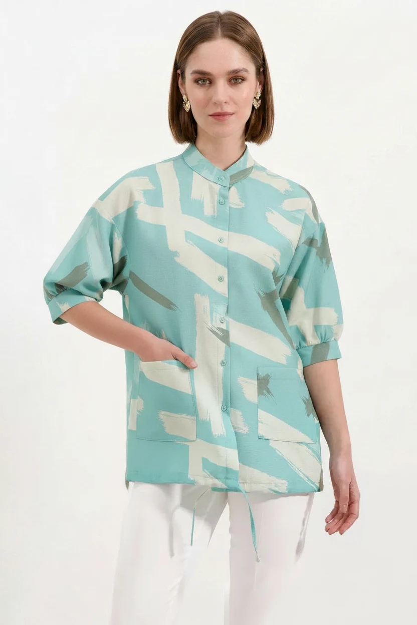Kadın Oversize Desenli Viskon Mint Gömlek