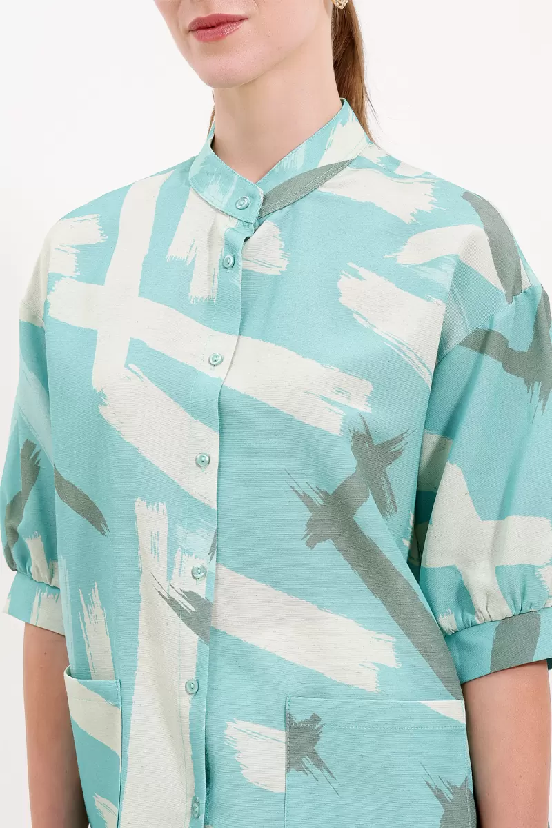 Kadın Oversize Desenli Viskon Mint Gömlek