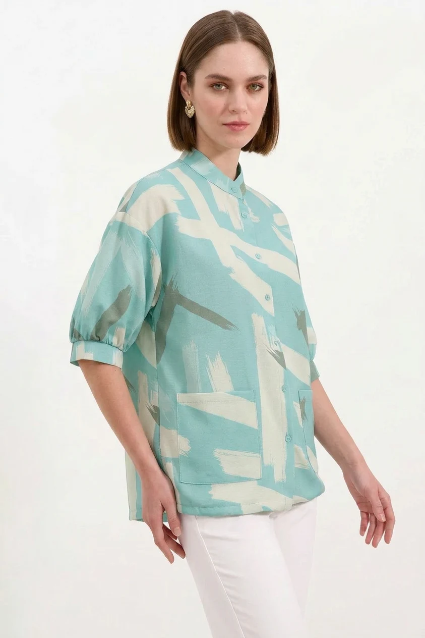 Kadın Oversize Desenli Viskon Mint Gömlek
