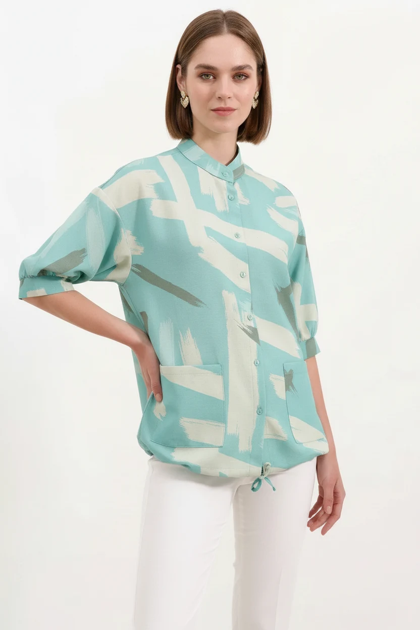 Kadın Oversize Desenli Viskon Mint Gömlek