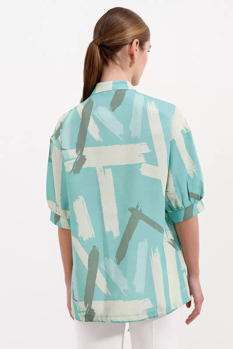 Kadın Oversize Desenli Viskon Mint Gömlek