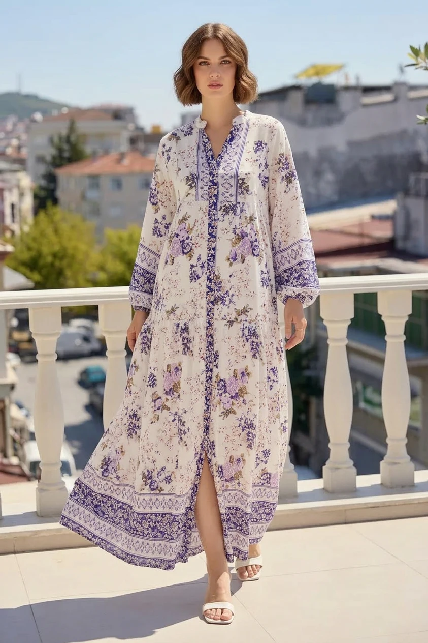 Kadın V Yaka Beli Büzgülü Çiçek Desenli Viskon Mor Tesettür Elbise