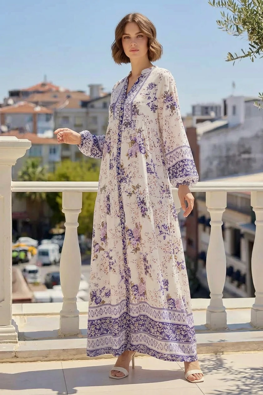 Kadın V Yaka Beli Büzgülü Çiçek Desenli Viskon Mor Tesettür Elbise