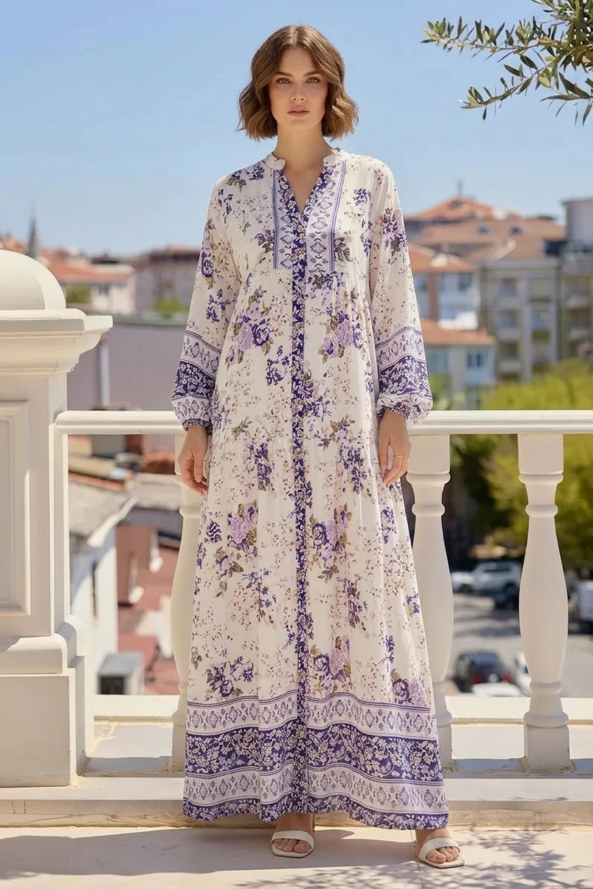 Kadın V Yaka Beli Büzgülü Çiçek Desenli Viskon Mor Tesettür Elbise