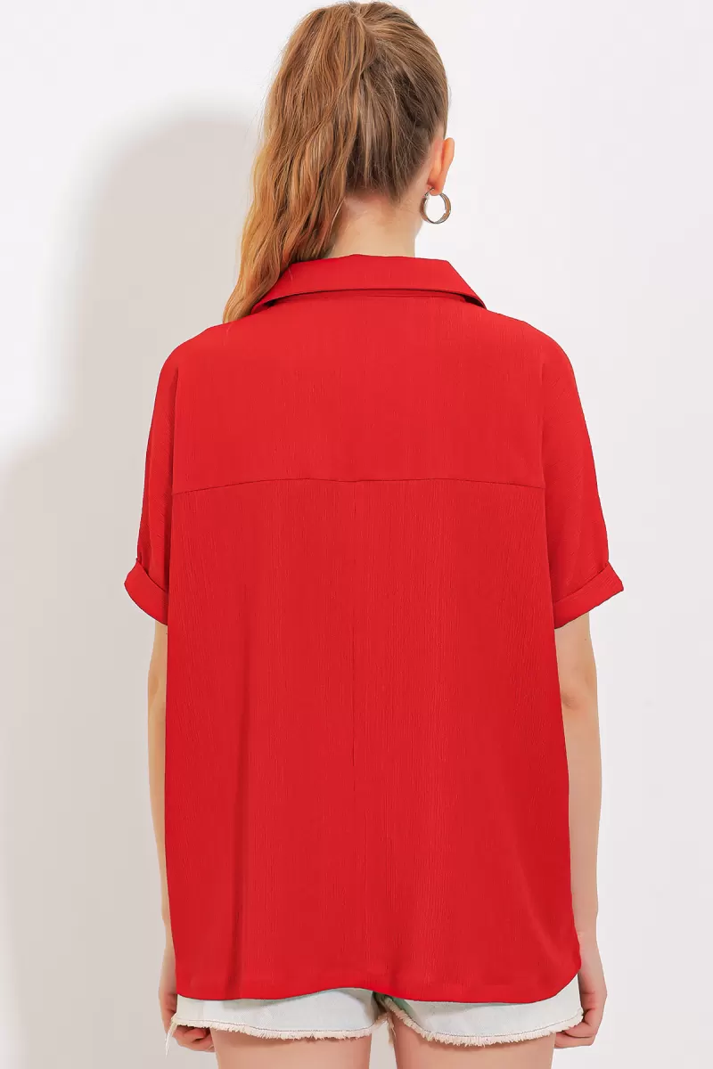 Kadın Polo Yaka Kısa Kol Oversize Kırmızı Bluz