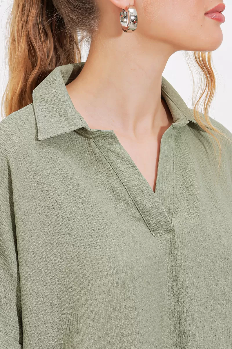 Kadın Polo Yaka Kısa Kol Oversize Çağla Yeşili Bluz