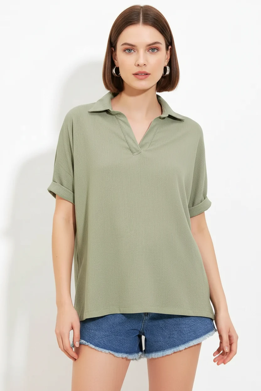 Kadın Polo Yaka Kısa Kol Oversize Çağla Yeşili Bluz