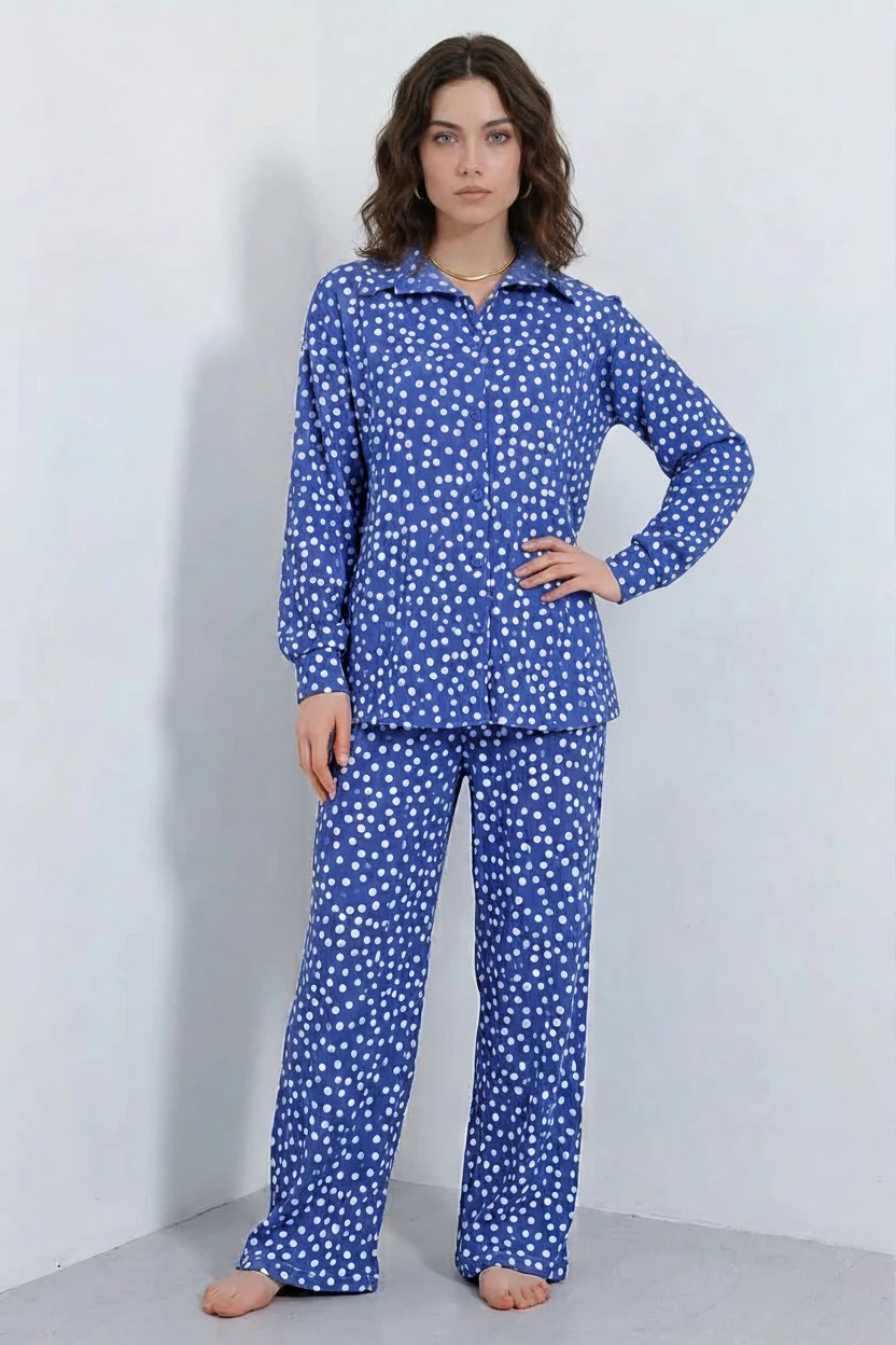 Kadın Gömlek Yaka Oversize Puantiyeli İndigo İkili Takım