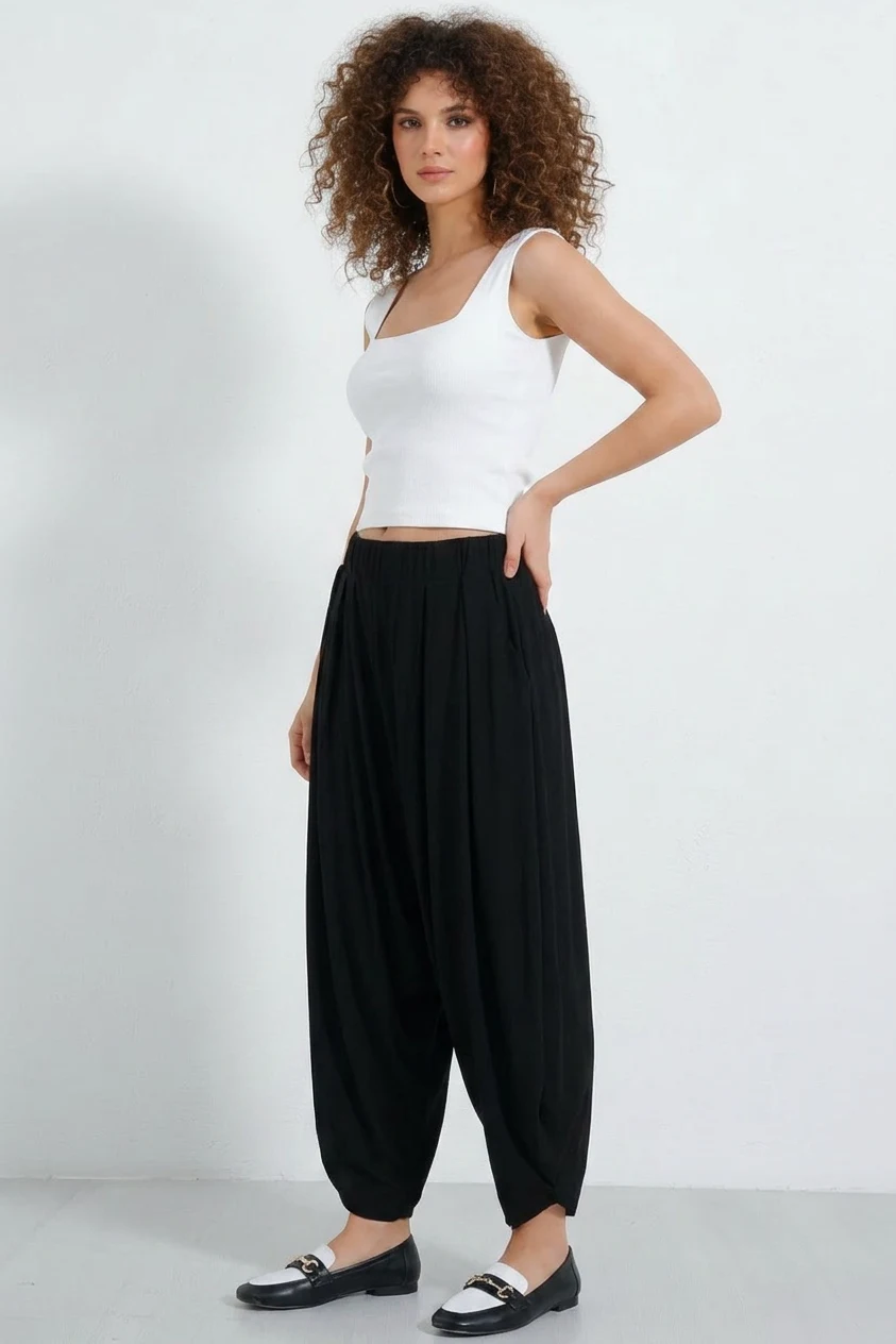 Kadın beli lastikli bol kesim Siyah Şalvar Pantolon