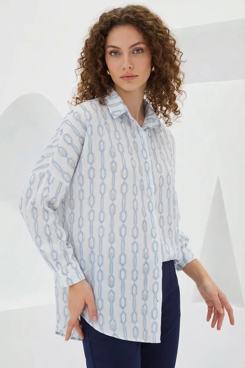 Kadın Oversize Desenli Saten Turkuaz Gömlek