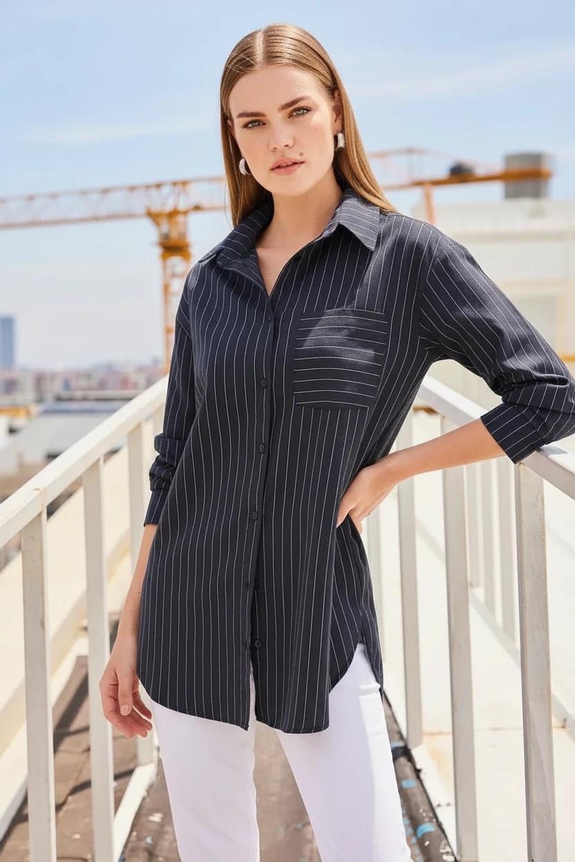 Kadın Oversize Çizgili Pamuklu Siyah Gömlek