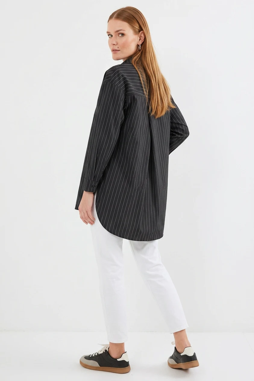 Kadın Oversize Çizgili Pamuklu Siyah Gömlek