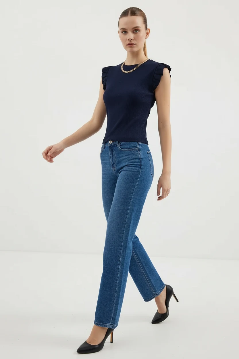 Kadın Yuvarlak Yaka Fırfırlı Kol Lacivert Bluz
