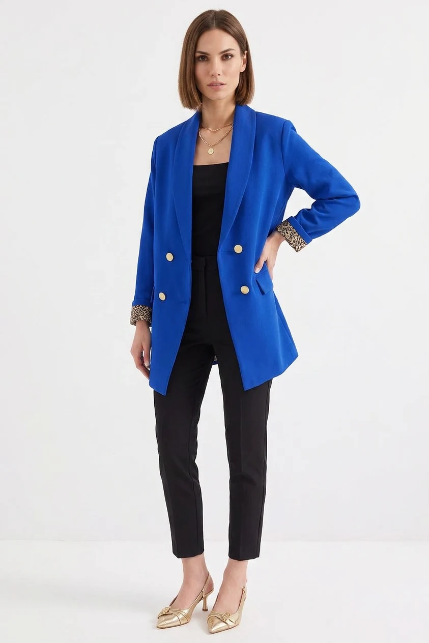 Kadın Blazer Yaka Leopar Desenli Kol Detayı Saks Ceket