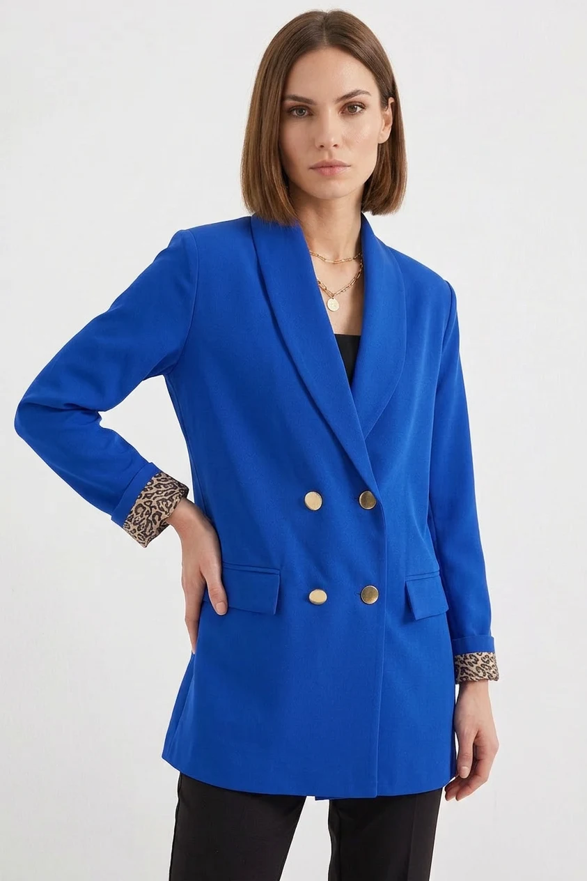 Kadın Blazer Yaka Leopar Desenli Kol Detayı Saks Ceket