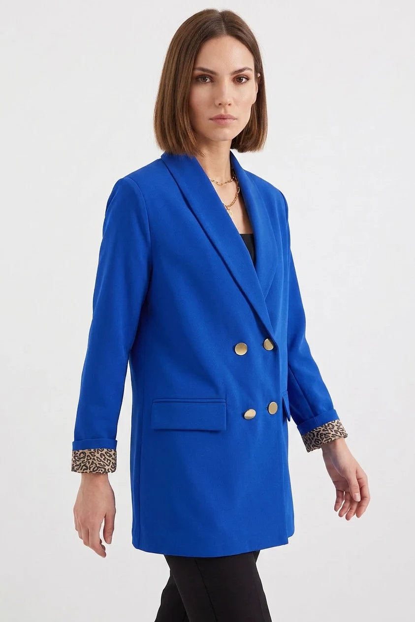 Kadın Blazer Yaka Leopar Desenli Kol Detayı Saks Ceket