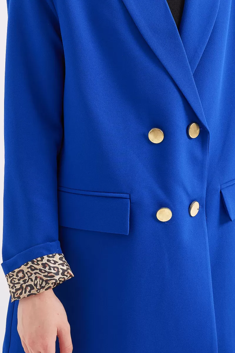 Kadın Blazer Yaka Leopar Desenli Kol Detayı Saks Ceket