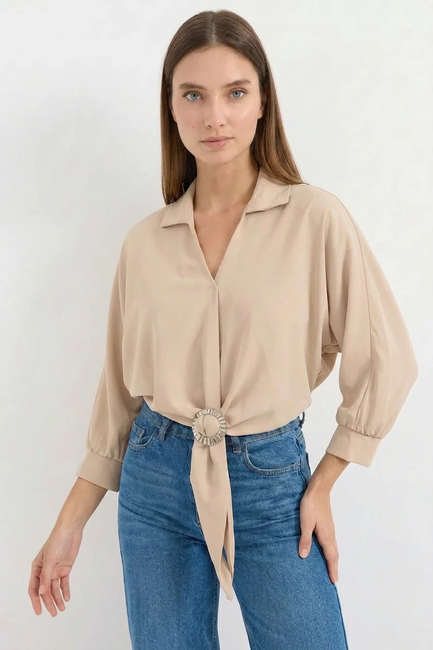Kadın Gömlek Yaka Belden Bağlamalı Oversize Dökümlü Bej Bluz