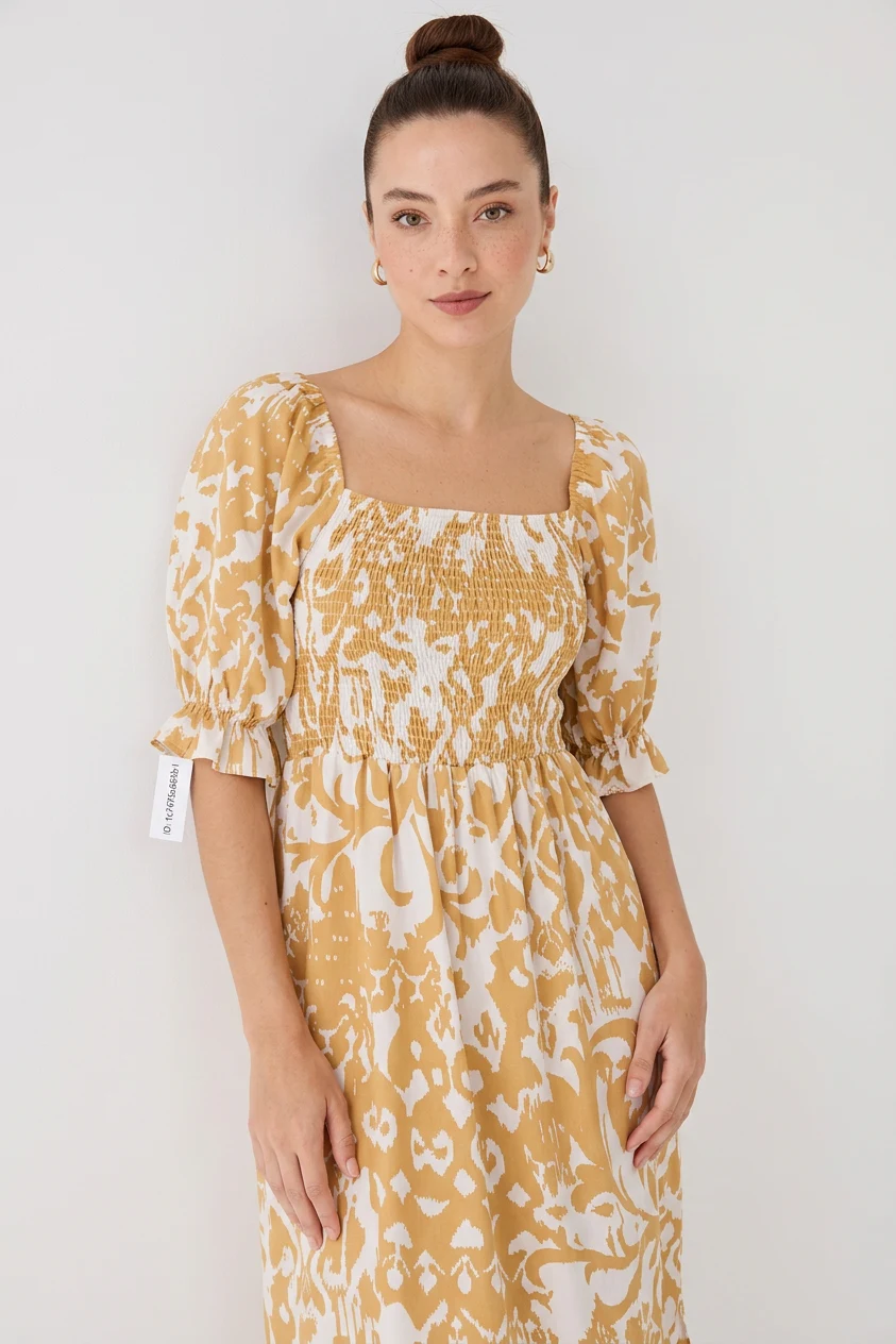 Kadın Kare Yaka Beli Büzgülü Yırtmaçlı Desenli Viskon Sarı Elbise