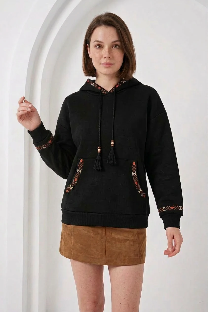 Kadın Kapüşonlu Fermuarlı Kordon Detaylı Oversize Nakışlı Siyah Sweatshirt