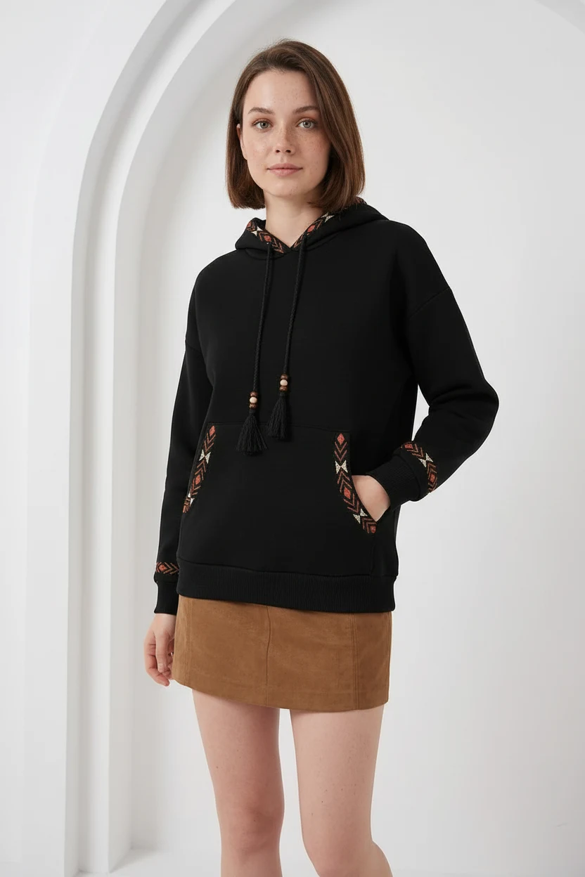 Kadın Kapüşonlu Fermuarlı Kordon Detaylı Oversize Nakışlı Siyah Sweatshirt