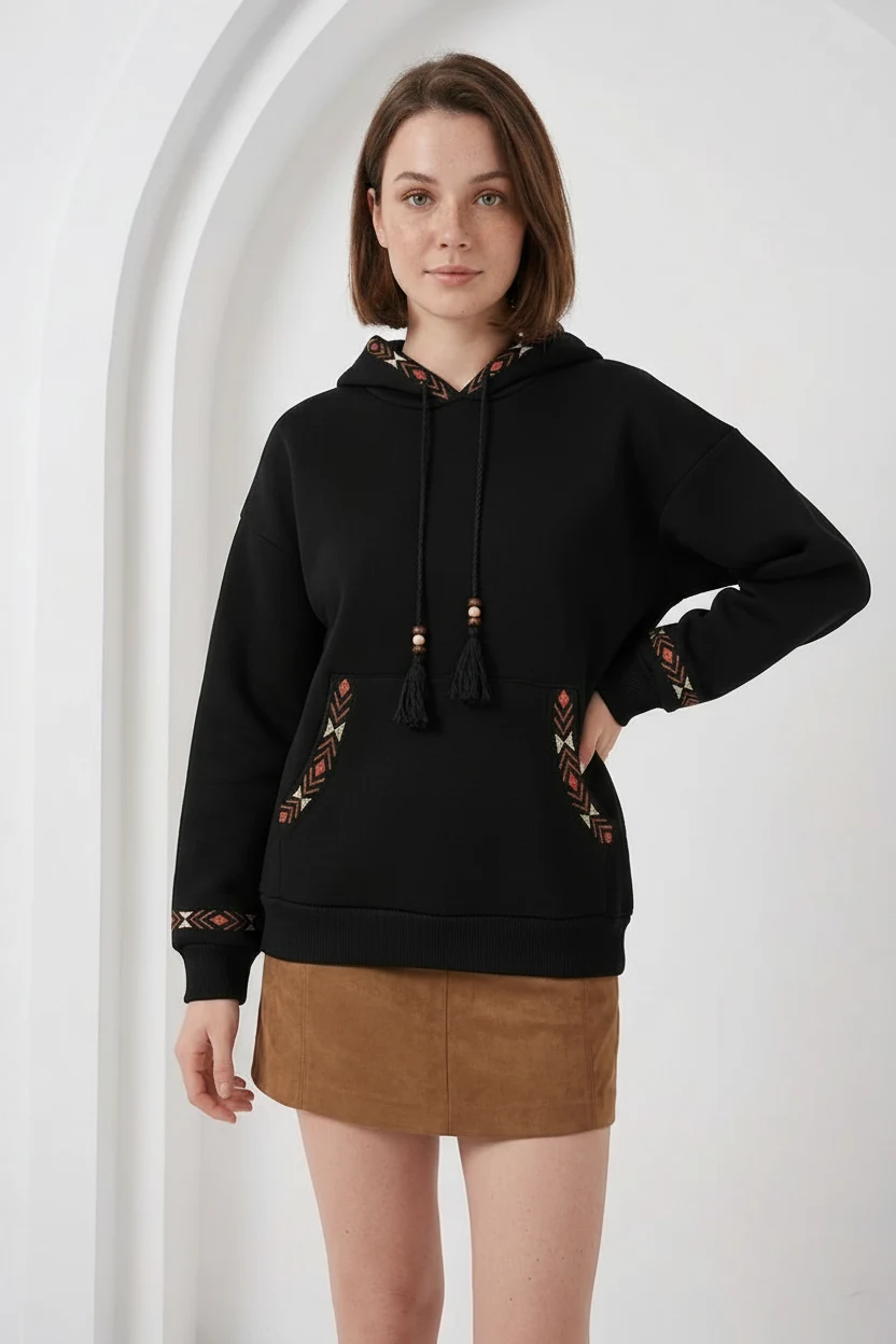 Kadın Kapüşonlu Fermuarlı Kordon Detaylı Oversize Nakışlı Siyah Sweatshirt
