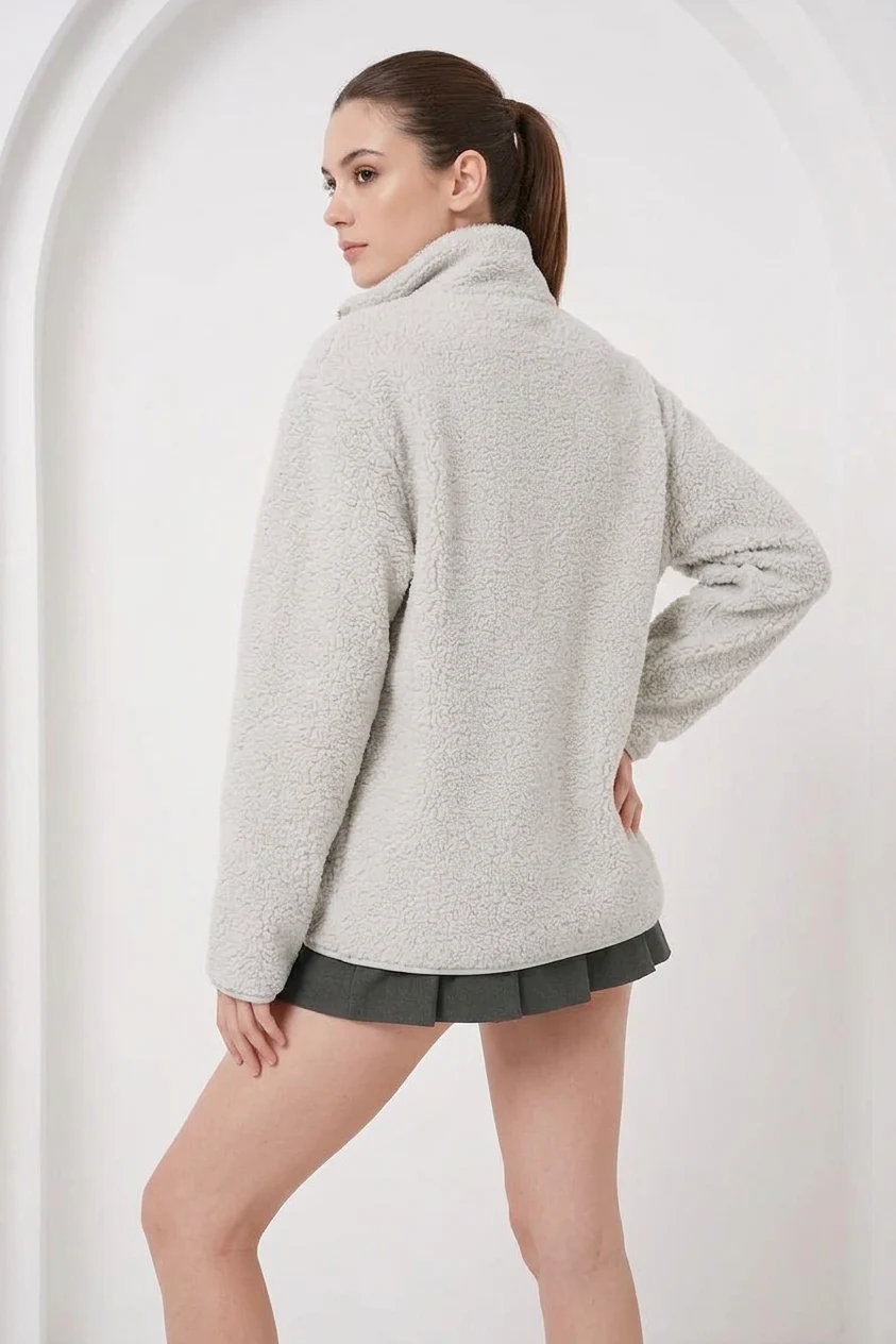 Kadın Yüksek Yaka Oversize Peluş Taş Ceket