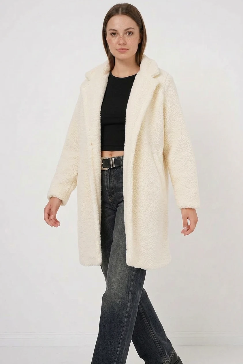 Kadın Geniş Yaka Oversize Ekru Kaban