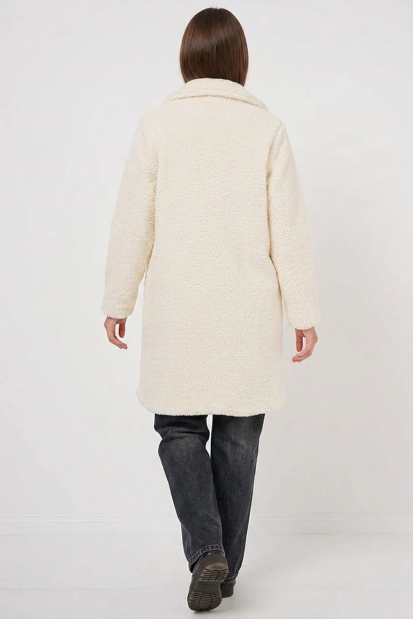 Kadın Geniş Yaka Oversize Ekru Kaban