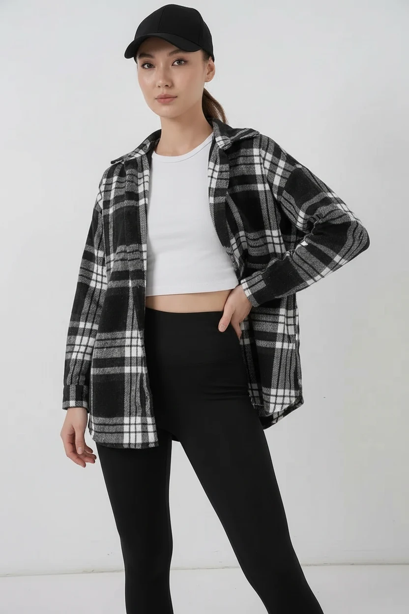 Kadın Oversize Ekose Desenli Pamuklu Siyah Gömlek