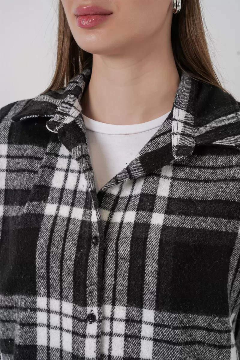 Kadın Oversize Ekose Desenli Pamuklu Siyah Gömlek